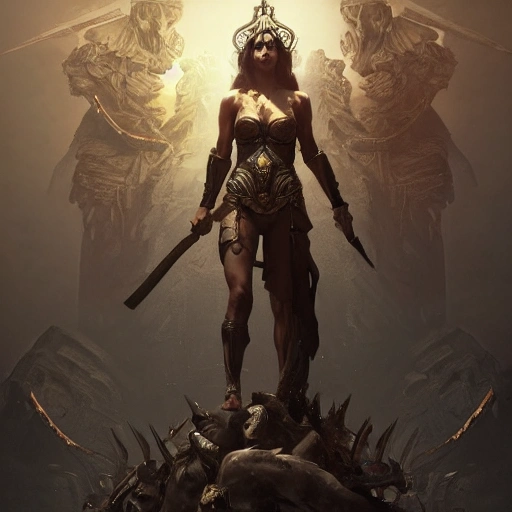 Sarah Parish as warrior queen standing on a pile of skulls,Godless, 8k resolution concept art portrait by Greg Rutkowski, Art Germ, WLOP, Alphonse Mucha dynamic lighting hyperdetailed intricately detailed Splash art trending on Artstation triadic colors Unreal Engine 5 volumetric lighting"