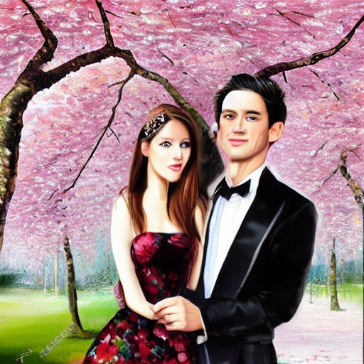 , 3D, Oil Painting
painting of an alluring female who has big brown eyes, long hair, beautiful body with a handsome guy who has a sharp jawline and hazel eyes and is wearing a tux. they are standing in  a beautiful garden under the cherry blossom tree