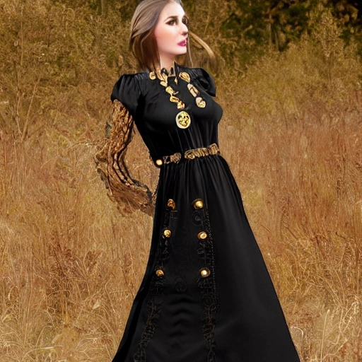 long dress with a steampunk train black color gold inserts ,  3D