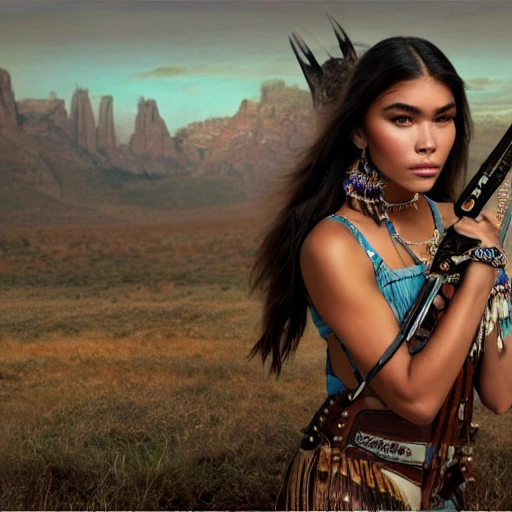 mdjrny-v4 style portrait photograph of Madison Beer as Pocahontas, young beautiful native american woman, armed female hunter, traditional dress, (((wild west))) environment, Utah landscape, ultra realistic, soft natural front lighting, concept art, dreamy, elegant, ((intricate)), ((highly detailed)), (((depth of field))), (((professionally color graded))), 8k, art by artgerm and greg rutkowski and alphonse mucha