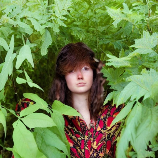 a beautiful burnet woman hide in a foliage