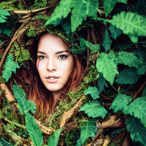 a beautiful woman hide in a foliage