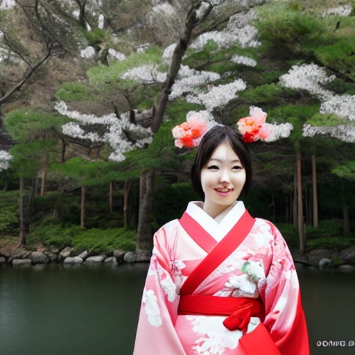 beautiful japanese girl with detailed face and wear kimono in pavillion 
