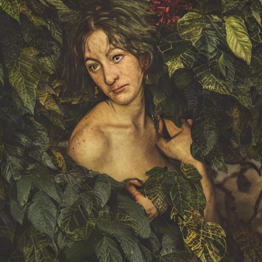 portrait of a woman  hide in a intense foliage