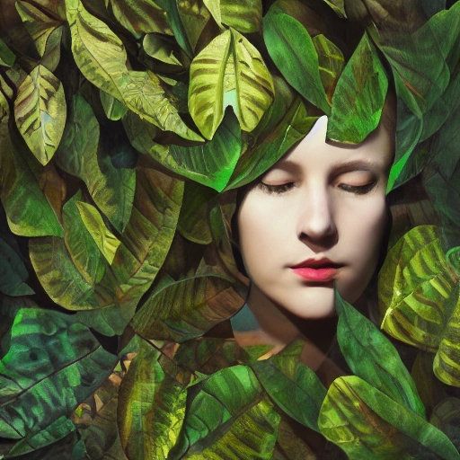 portrait of a woman  hide in a intense foliage, 3D, Trippy