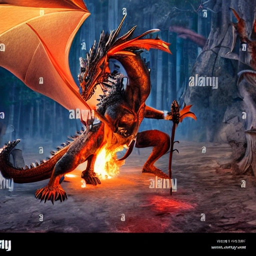 female warrior fighting with dragon in fire forrest with detailed face, epic, dramatic, fantisy
