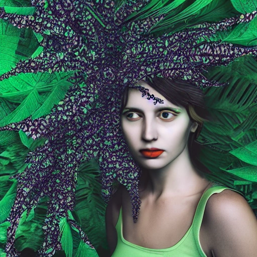 portrait of a woman  hide in a intense foliage, 3D, Trippy, 3D