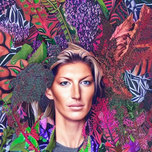 portrait of a gisele bunchen  hide in a intense foliage, 3D, Trippy, 3D