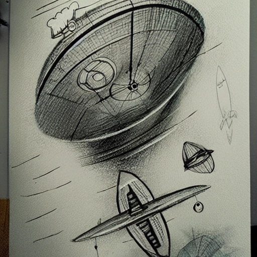 Create an ilustration of a futuristic spacecraft travelling through space-time to the past, Pencil Sketch