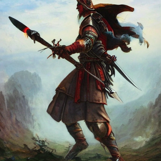 legendary ancient orient warrior waving sward in mid air
