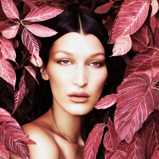 portrait photograph of a Bella Hadid  hide in a intense foliage