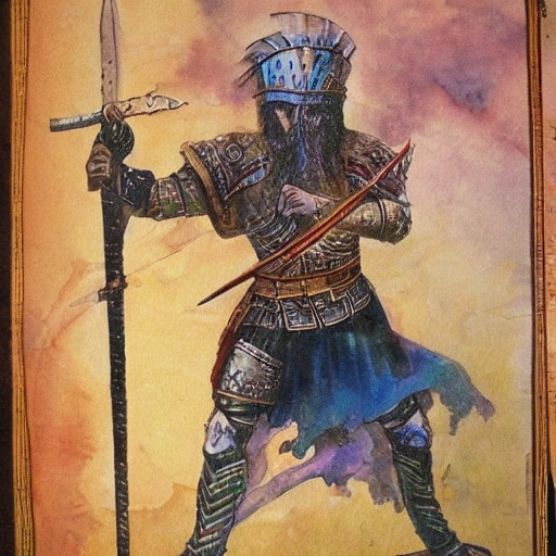 legendary ancient orient warrior waving sward in mid air, single color water color
