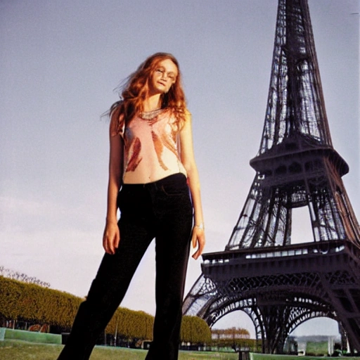 portrait photograph of cara delavine modeling with the Eiffel Tower in the backwards