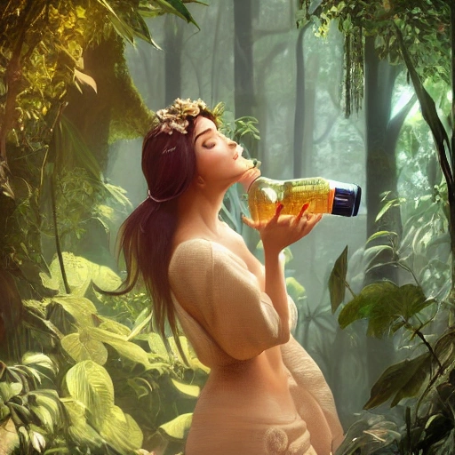 beautiful digital painting of a woman stylish female jungle holding a bottle of shampoo  with high detail, real life skin, freckles, 8 k, stunning detail, works by artgerm, greg rutkowski and alphonse mucha, unreal engine 5, 4 k uhd
