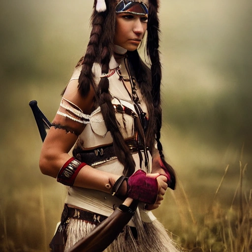 mdjrny-v4 style  photograph of a womanr as elf, young beautiful native american woman, armed female hunter, traditional dress, (((wild west))) environment, NY landscape, ultra realistic, soft natural front lighting, concept art, dreamy, elegant, ((intricate)), ((highly detailed)), (((depth of field))), (((professionally color graded))), 8k, 