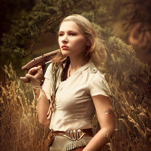 mdjrny-v4 style  photograph of a woman as model, young beautiful american woman, armed female hunter, traditional dress, (((wild west))) environment, New York landscape, ultra realistic, soft natural front lighting, concept art, dreamy, elegant, ((intricate)), ((highly detailed)), (((depth of field))), (((professionally color graded))), 8k, 