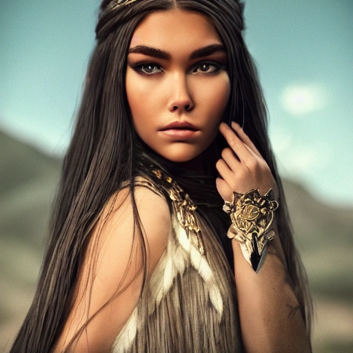 mdjrny-v4 style portrait photograph of Madison Beer as Pocahontas, young beautiful norse woman, perfect symmetrical face, transparent latex dress, (((wild west))) environment, Utah landscape, ultra realistic, concept art, elegant, ((intricate)), ((highly detailed)), depth of field, ((professionally color graded)), 8k, art by artgerm and greg rutkowski and alphonse mucha