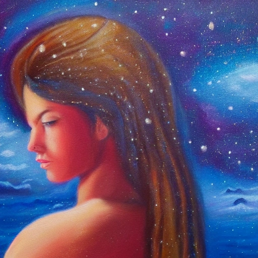 beautiful girl with sea hear in the distant galaxy, Oil Painting