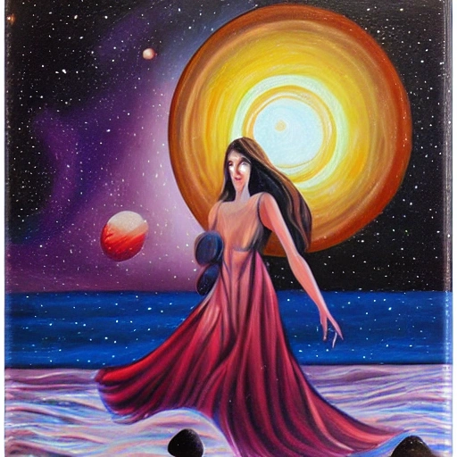 beautiful girl with sea hear in the distant galaxy, Oil Painting, Cartoon