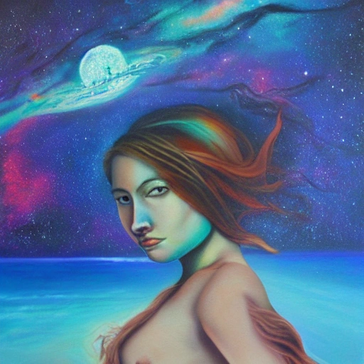 beautiful girl with sea hear in the distant galaxy, Oil Painting, Trippy