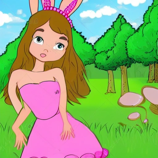 cute hare girl in a pink dress, on the background of the forest, Cartoon