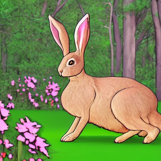 cute hare in a pink dress, on the background of the forest, , Cartoon, 3D