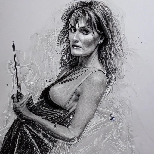 , Pencil Sketch, Trippy, Pencil Sketch 
Sarah Parish as a witch wielding a sparkling magic wand, medium shot, hyper detailed, hyperrealism, radiant, trending on art station, national geographic photo