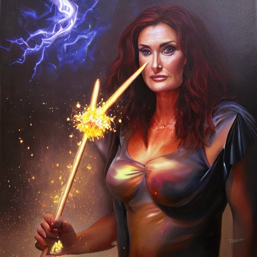 Sarah Parish as a witch wielding a sparkling magic wand, medium shot, hyper detailed, hyperrealism, radiant, trending on art station, national geographic photo, Oil Painting