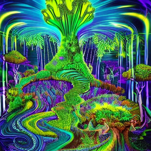 A UV-Reactive stylized dreamlike landscape with a giant cannabis plant as the centerpiece, surrounded by flowing rivers, waterfalls, and mystical creatures.
, Trippy