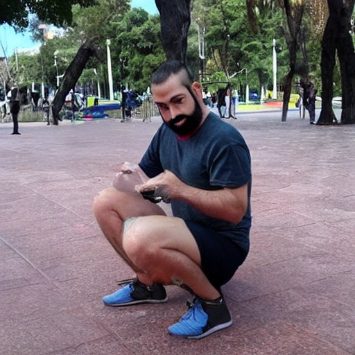 hombre apuesto que va al gym de pelo mono y barba roja, sostiene un zapato en su mano, mientras esta en el parque