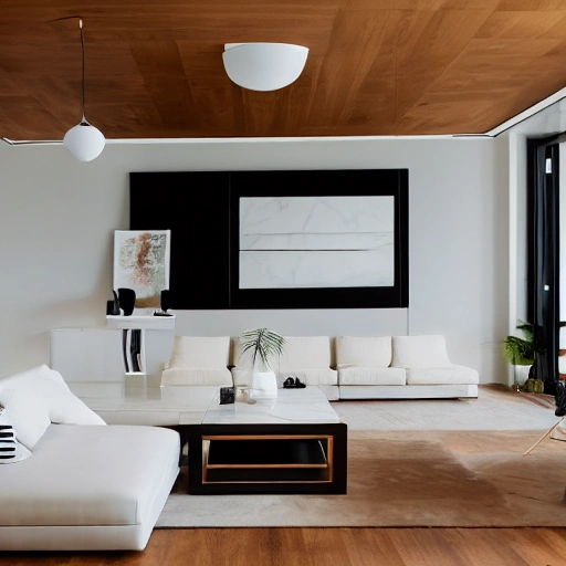 A modern living room with a beautiful white marble table between 2 white sofas ,on the left of the living room there are floor to ceiling glass window and on the right of the living room there are wooden stairs to the second floor, 8k resolution, professional interior design photograph, 3 men and 4 women are having a few drinks in the room