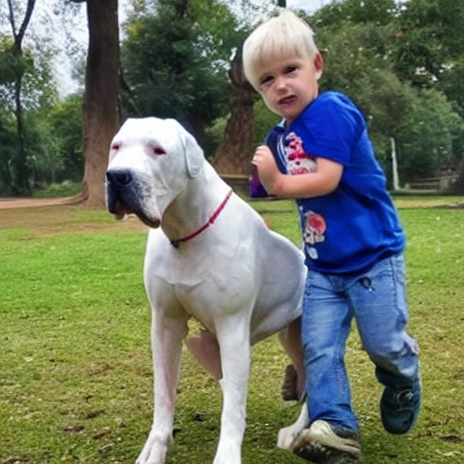 dogo argentino, con ojos zarcos, jugando en el parque, con un niño de 5 años, pelo castaño