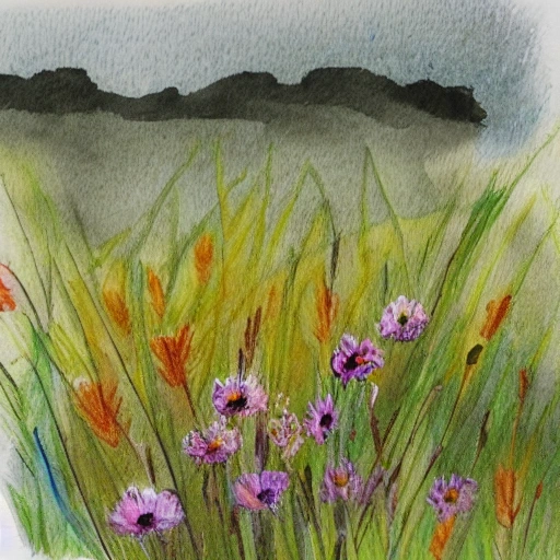 loose sketch of wild meadow flowers muted colours, Water Color