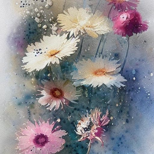 loose watercolor of flowers painterly, granular splatter dripping. muted colors by jean - baptiste monge