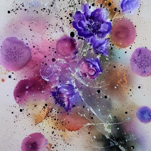 loose watercolor of flowers viewed from above painterly, granular splatter dripping. muted colors by jean - baptiste monge