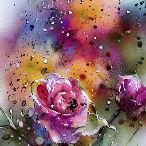 loose watercolor of flowers viewed from above painterly, granular splatter dripping. muted colors by jean - baptiste monge