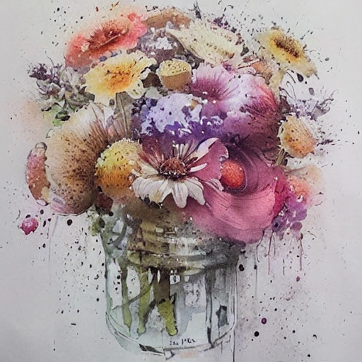 loose watercolor of bouquet of flowers painterly, granular splatter dripping. muted colors by jean - baptiste monge