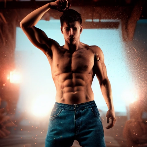 1guy, a real perfect male anatomy, sweaty shirtless upper body, hyper details, cinematic lights , epic cinematic, octane render ,extremely high detail, post processing, 8K wallpaper, 3d, denoise, redshift style, photoshoot