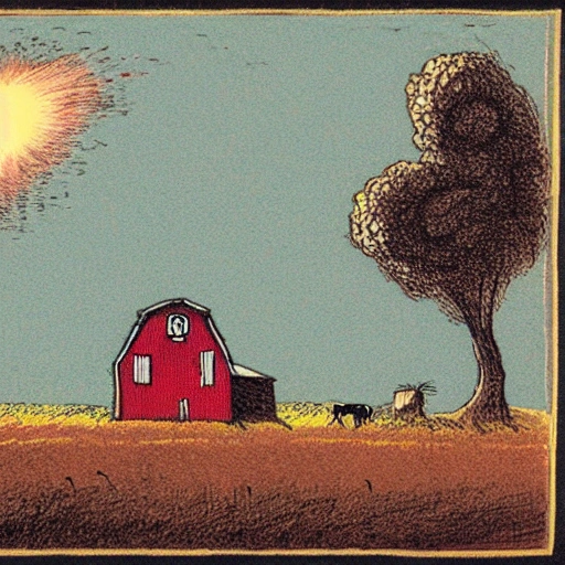 a comet falling in a field near a barn and a house and a few cattle., Cartoon