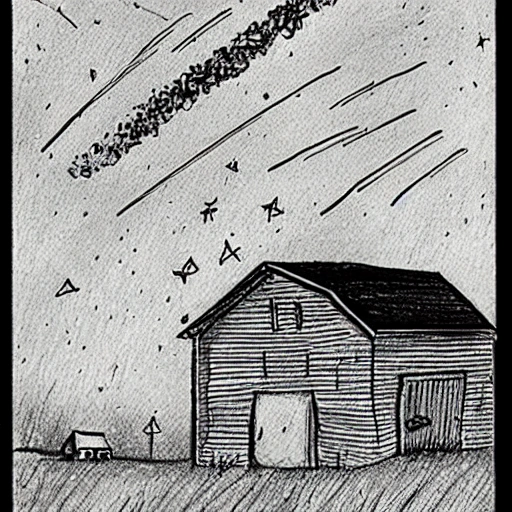 a comet falling in a field near a barn and a house and a few cattle., Cartoon, Pencil Sketch