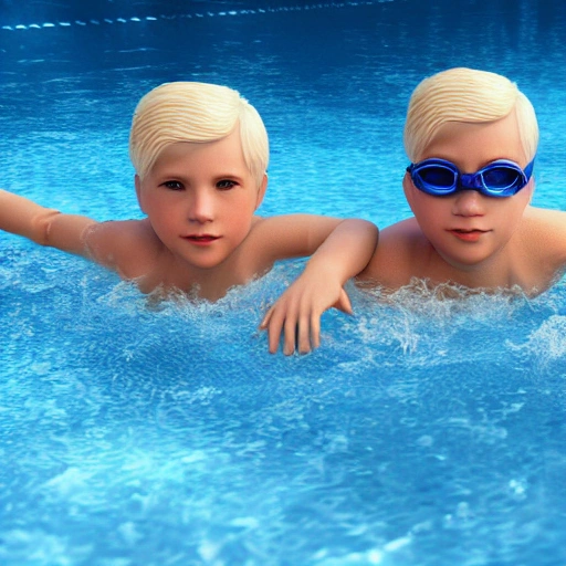 blond boys swimming in a pool, photorealistic, 8k, 3D