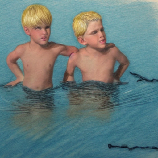 blond boys swimming in a lake, photorealistic, 8k, Pencil Sketch