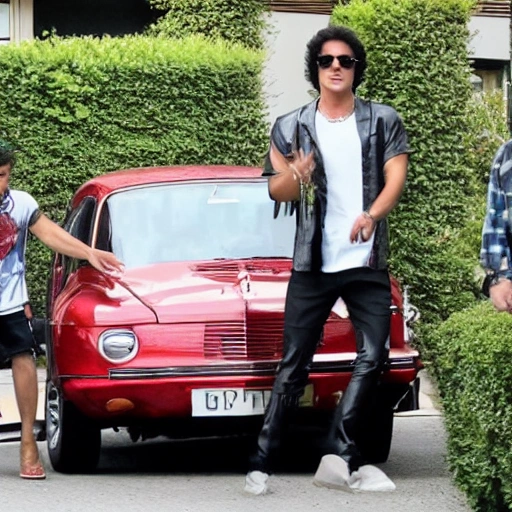 Bruno goes to his friends house Luciano in his black car 