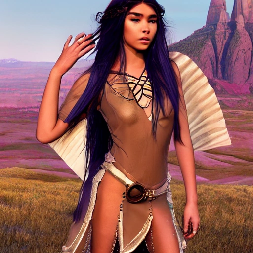 mdjrny-v4 style portrait photograph of Madison Beer as Pocahontas, young beautiful norse woman, perfect symmetrical face, transparent latex dress, (((wild west))) environment, Utah landscape, ultra realistic, concept art, elegant, ((intricate)), ((highly detailed)), depth of field, ((professionally color graded)), 8k, art by artgerm and greg rutkowski and alphonse mucha