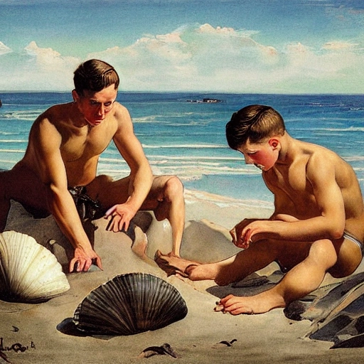 three handsome muscular male collecting seashells in the shores by Christian Joseph Leyendecker