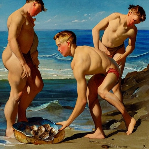 three handsome muscular male collecting seashells in the shores by Christian Joseph Leyendecker