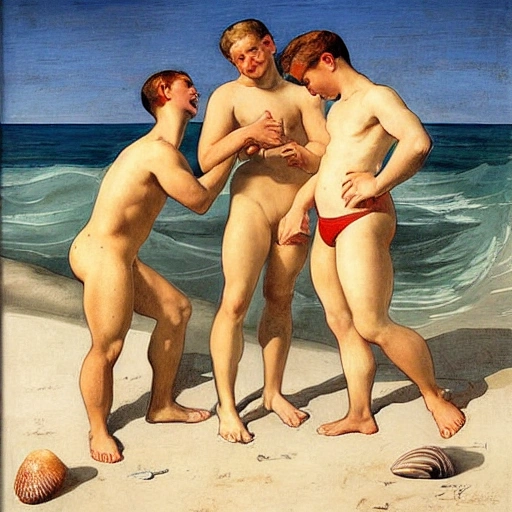 three handsome muscular male collecting seashells in the shores by Christian Joseph Leyendecker