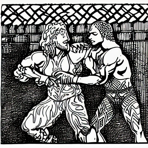 a simple coloring book page of two wrestlers sourronded by baroque elements and gardenias