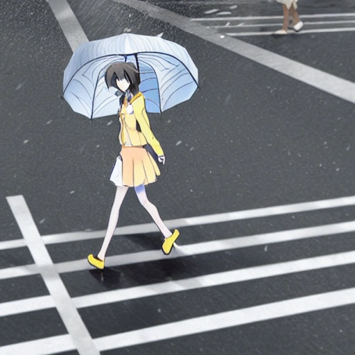 anime girl walking in the rain with her umbrella across a zebra crossing in japan, 3D