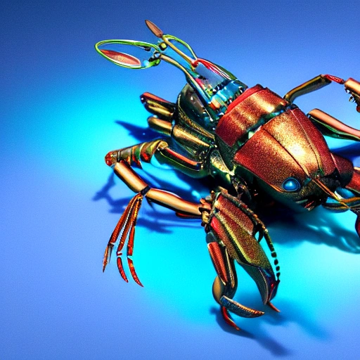 A robotic lobster with shimmering metallic carapace and glowing cyan eyes, capable of shooting laser beams from its claws. , 3D